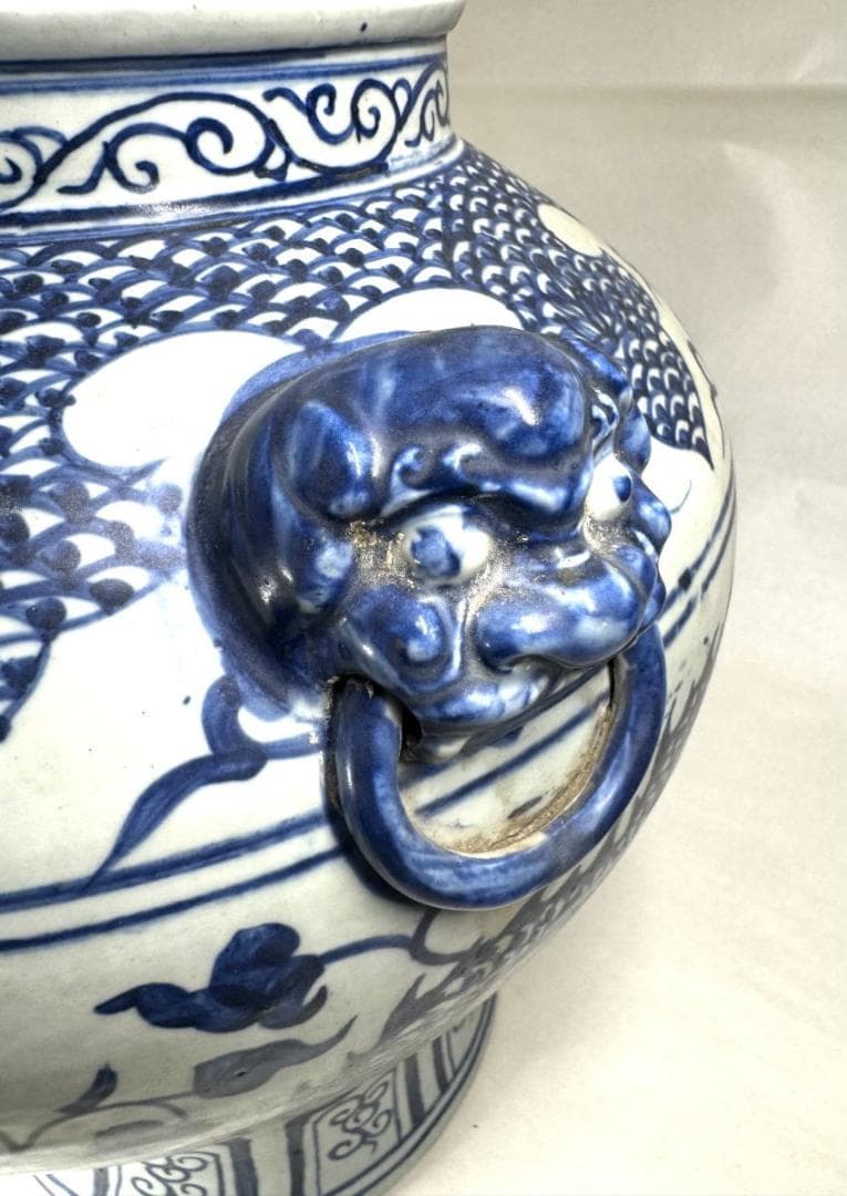 古染付 龍紋獅耳大壷 伝世品焼物 虫食い 青花 呉須 ウブ品 WWTT137