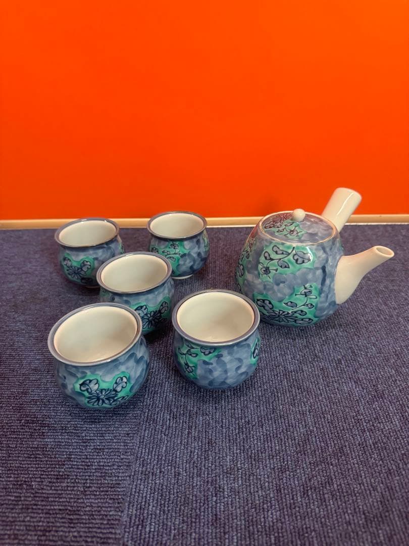 1716  源右衛門窯　青彩菊絵　茶器セット　急須1客　湯呑5客　未使用