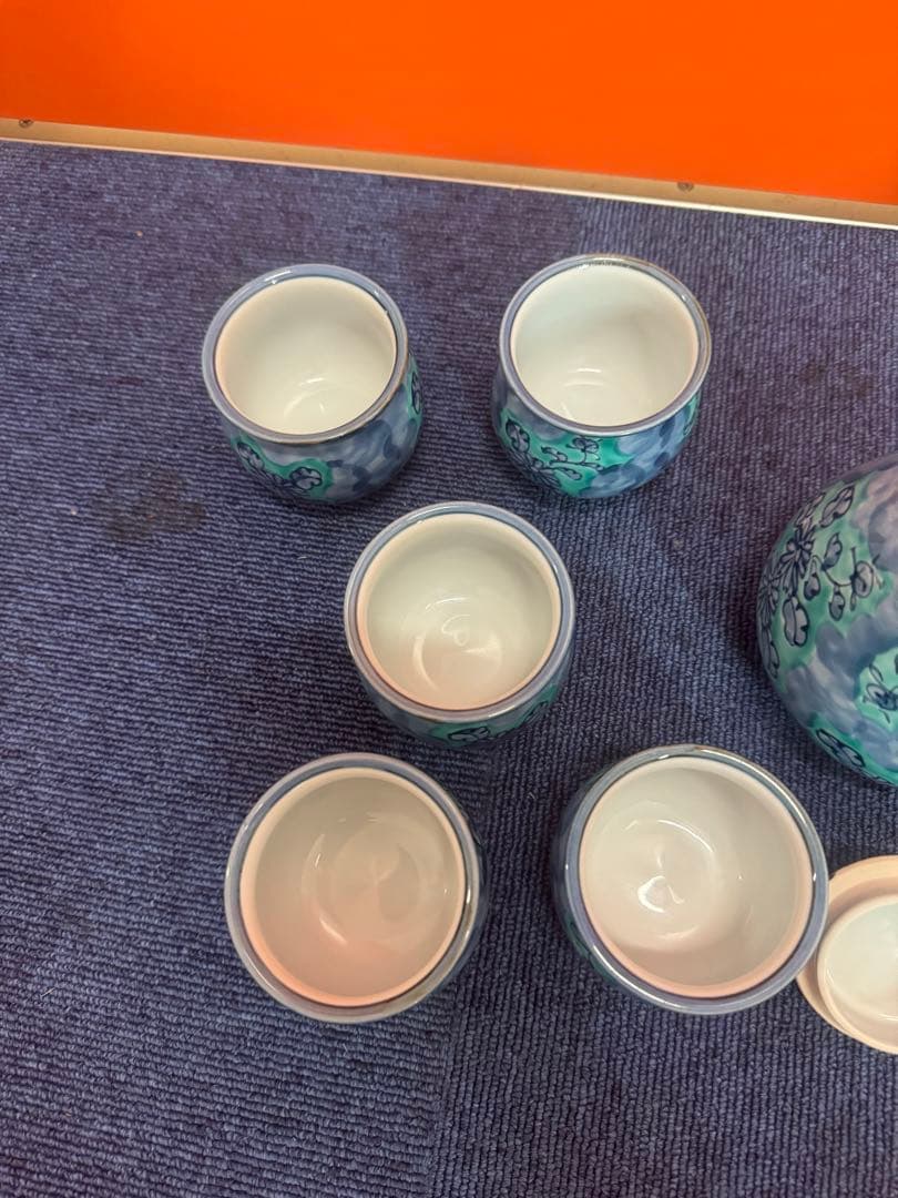 1716  源右衛門窯　青彩菊絵　茶器セット　急須1客　湯呑5客　未使用