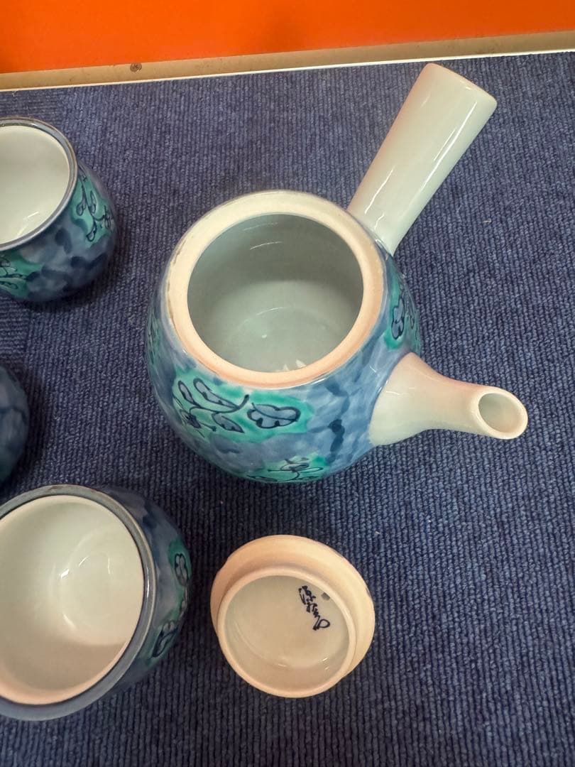 1716  源右衛門窯　青彩菊絵　茶器セット　急須1客　湯呑5客　未使用