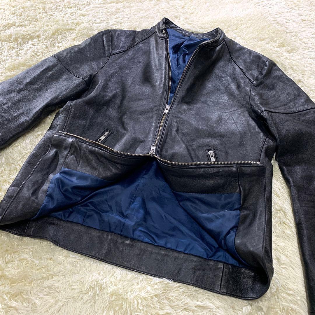 美品 タケオキクチ シングルライダースジャケット 黒 裏地ブルー ラムレザー M