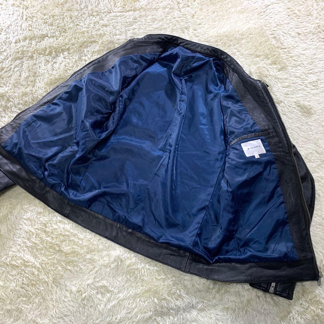美品 タケオキクチ シングルライダースジャケット 黒 裏地ブルー ラムレザー M
