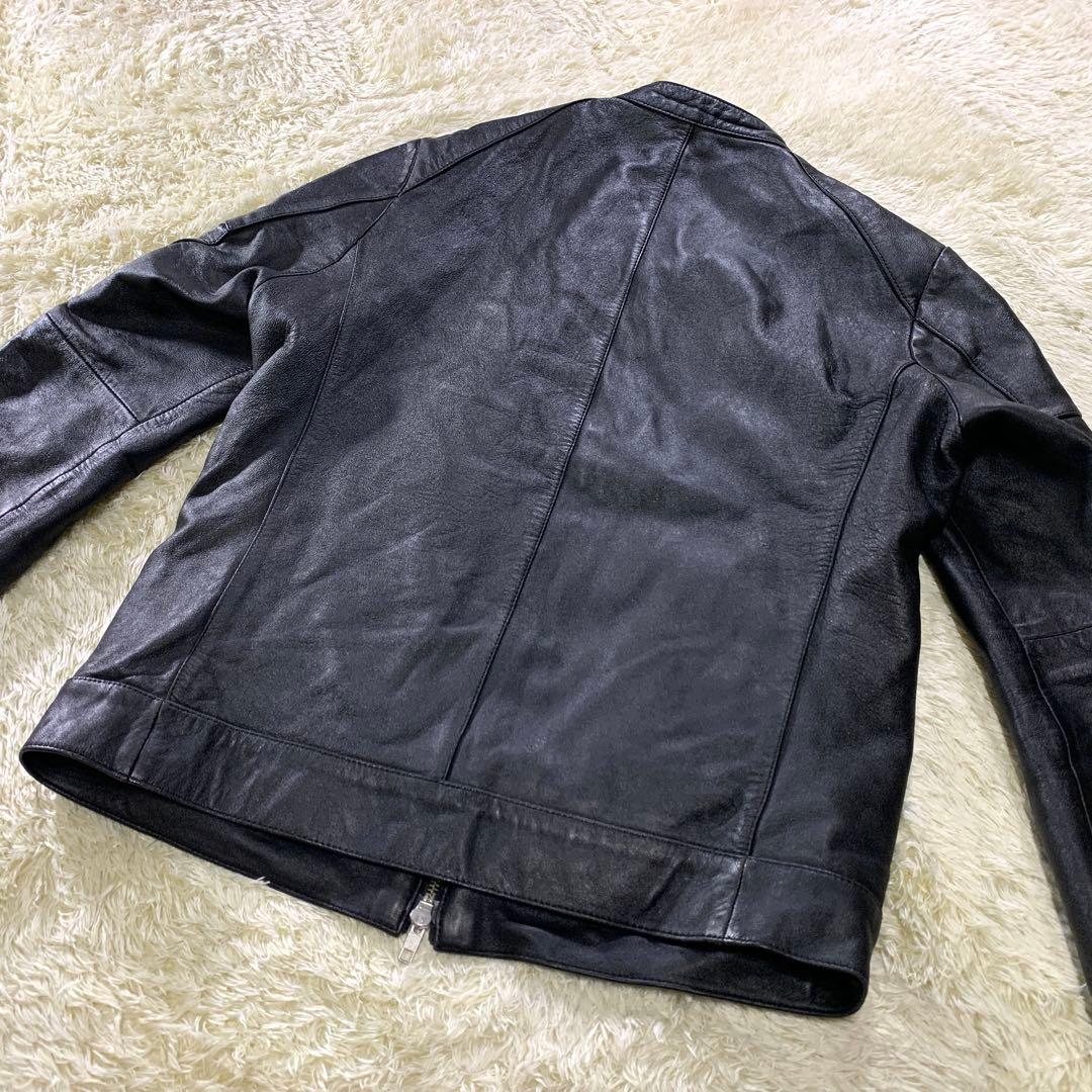 美品 タケオキクチ シングルライダースジャケット 黒 裏地ブルー ラムレザー M