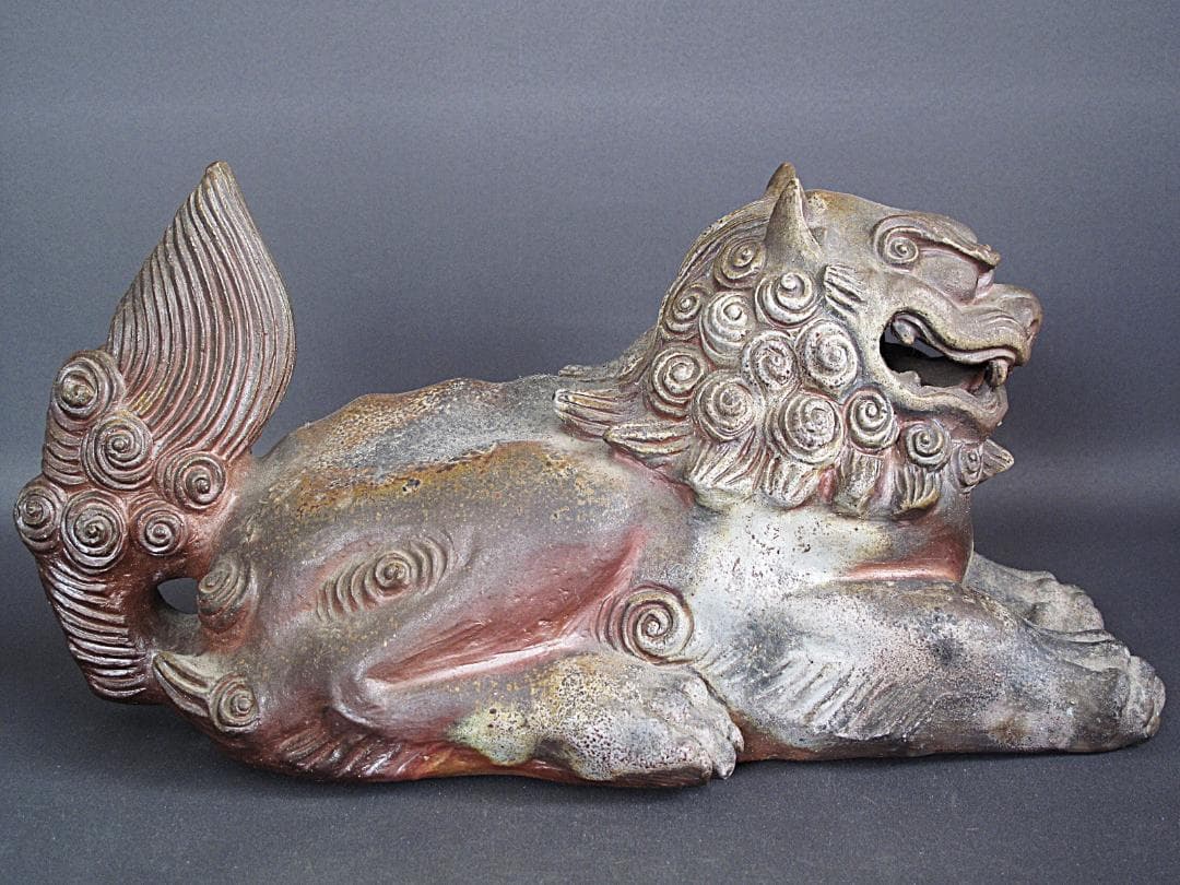 優品‼ 備前名工! 藤原陶斎 作『獅子置物』細工物 高19.5㎝ 横38㎝
