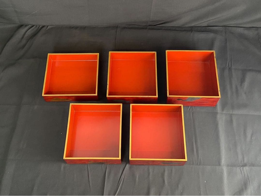 時代漆器 金銀 鴨蒔絵 紅溜 五段重箱 二枚蓋 共箱 木製 / 輪島塗