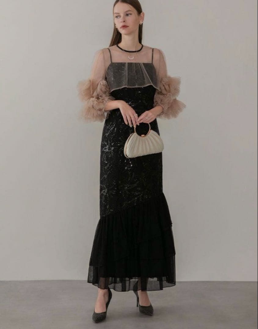 フラワースパンコールチュールフリルスリーブIラインワンピースドレス結婚式二次会