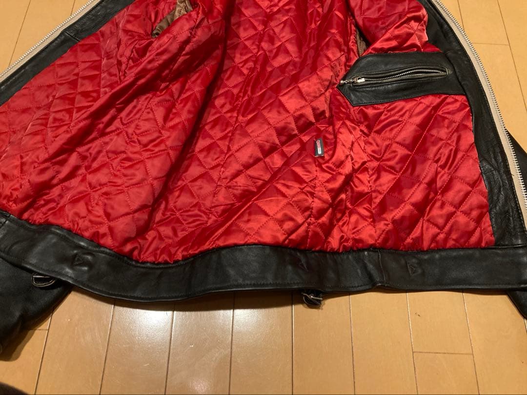 メンズ レザー シングルライダースジャケット 黒 赤裏地