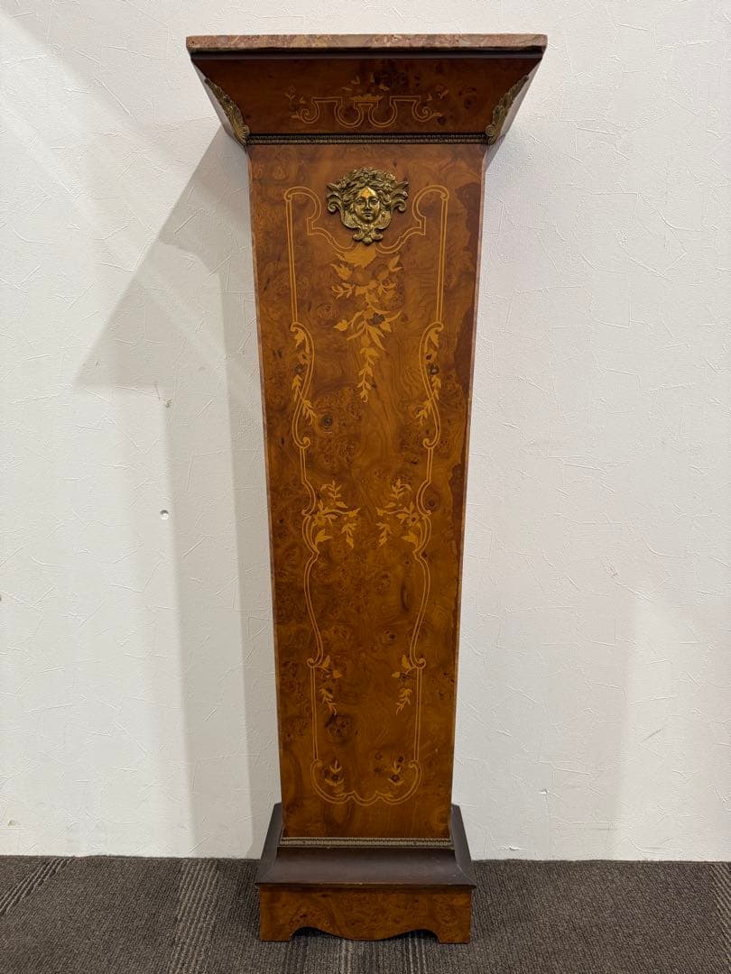 スペイン製　アンティーク　時計台　花台　真鍮　象嵌　大理石