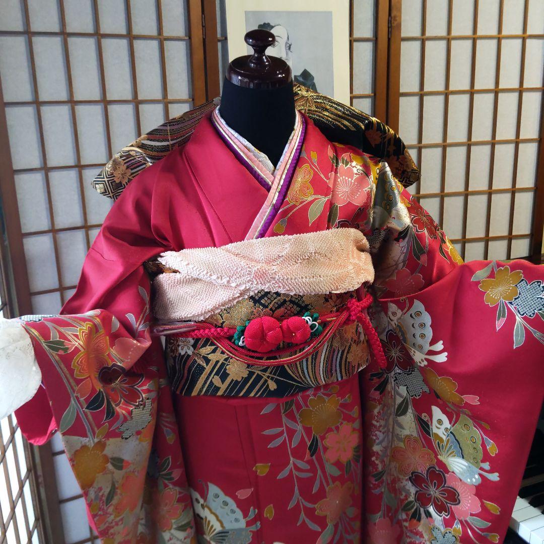 404赤黒　舞蝶　正絹振袖6点フルセット　成人式卒業式晴れの日コンサート式典