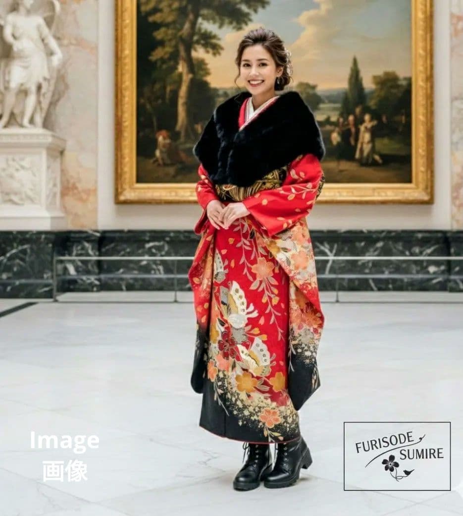 404赤黒　舞蝶　正絹振袖6点フルセット　成人式卒業式晴れの日コンサート式典