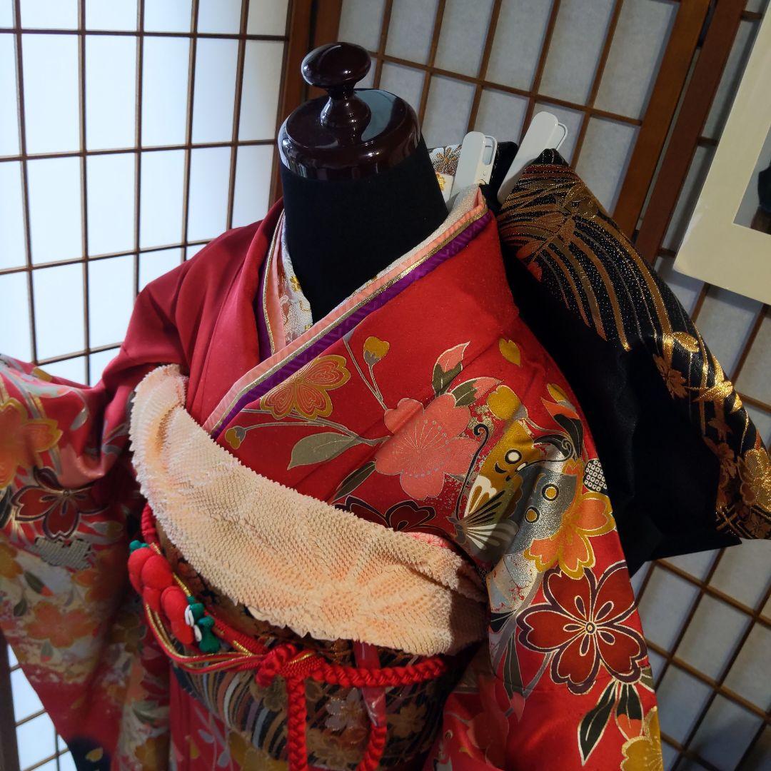 404赤黒　舞蝶　正絹振袖6点フルセット　成人式卒業式晴れの日コンサート式典