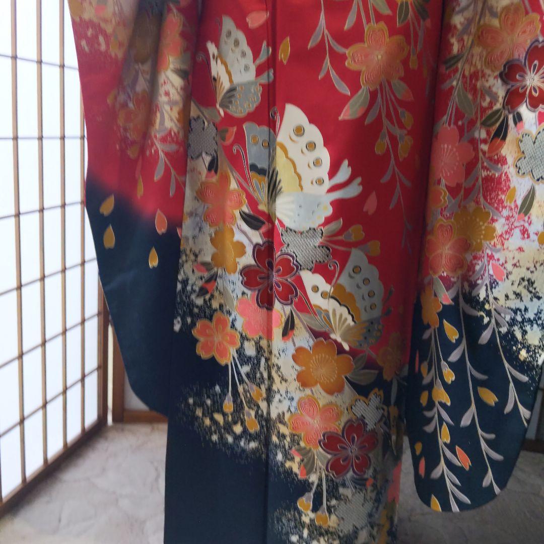 404赤黒　舞蝶　正絹振袖6点フルセット　成人式卒業式晴れの日コンサート式典