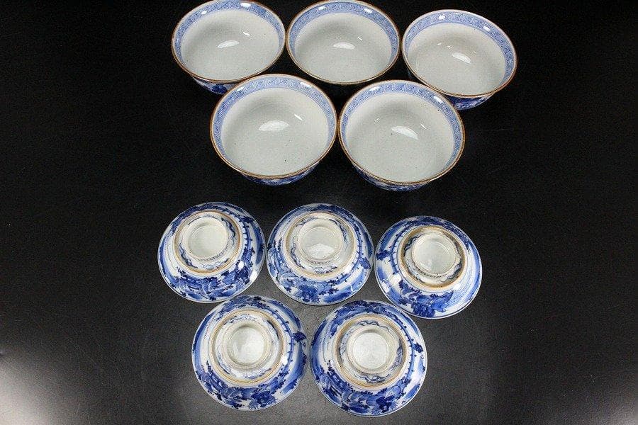 中国美術 倣古 青花 山水人物紋 蓋碗 祥瑞 五件 φ10.5cm 旧家蔵出