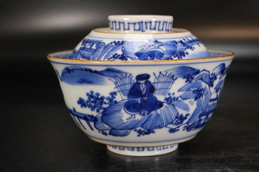 中国美術 倣古 青花 山水人物紋 蓋碗 祥瑞 五件 φ10.5cm 旧家蔵出