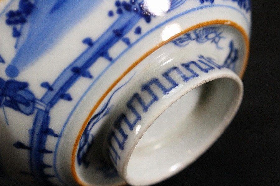 中国美術 倣古 青花 山水人物紋 蓋碗 祥瑞 五件 φ10.5cm 旧家蔵出