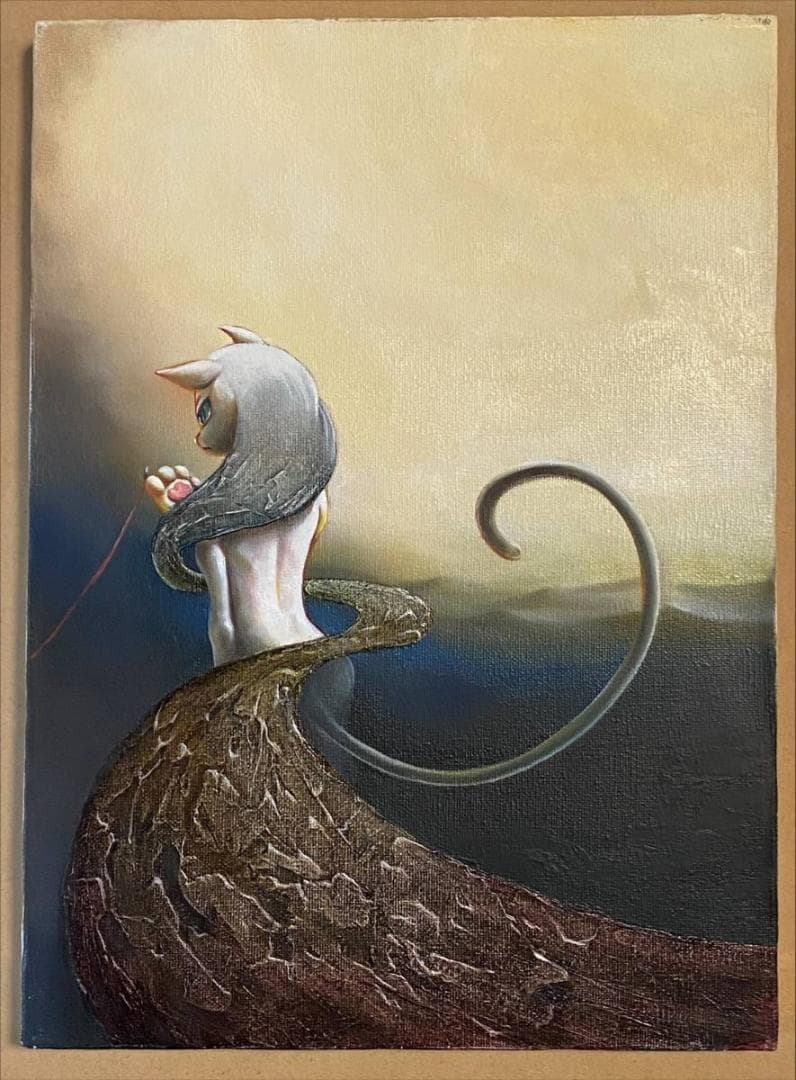 「真作」宇川征二『Streams and Lines』猫女　油絵　サイン有り