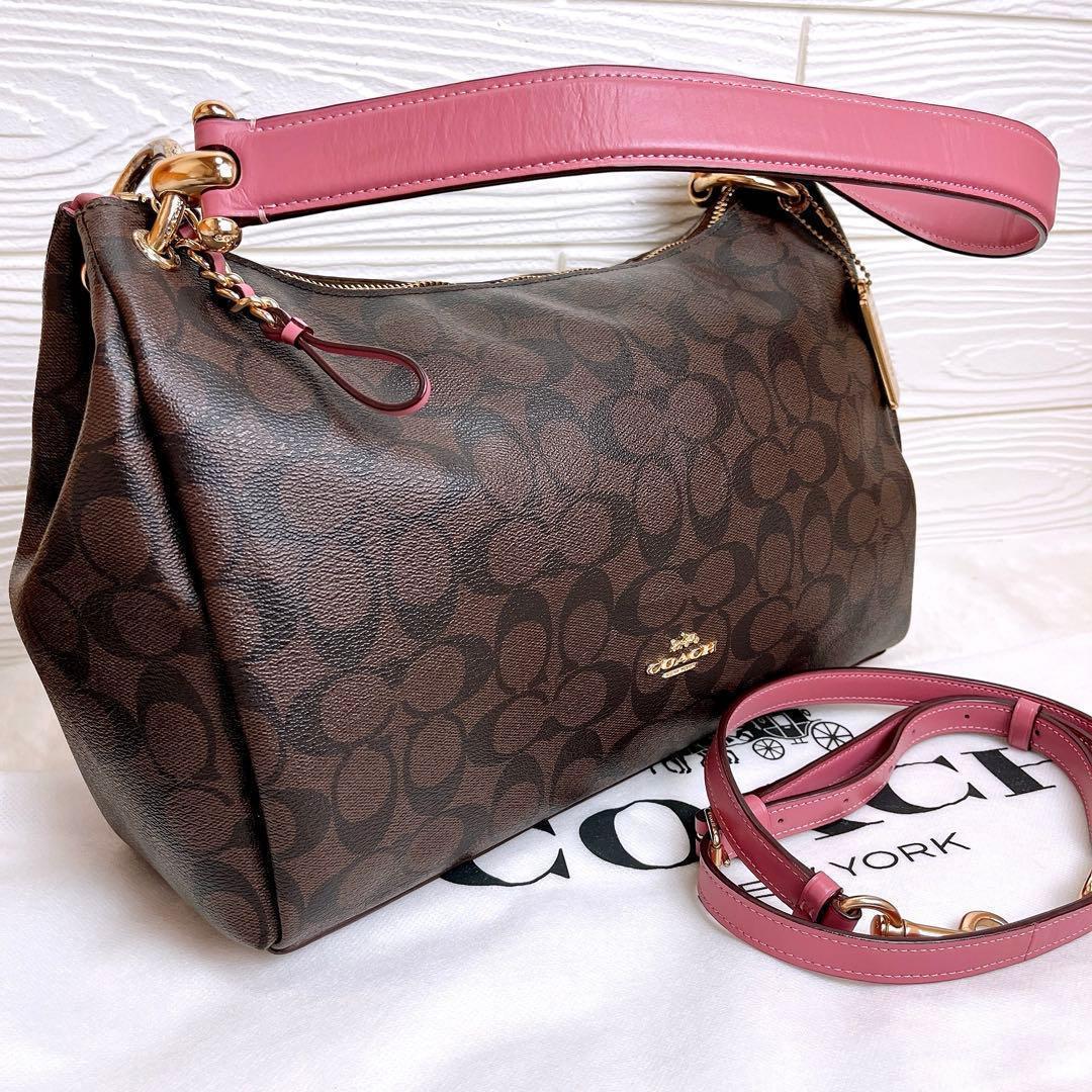美品☆COACHコーチ 2wayショルダーバッグ ブラウンピンク シグネチャー
