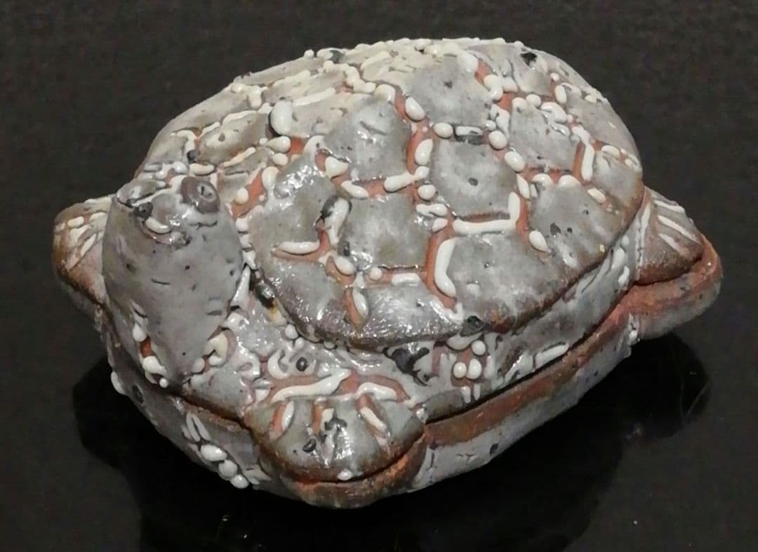 中川自然坊作　唐津焼　亀　香合　共箱　共布　略歴付　茶道具