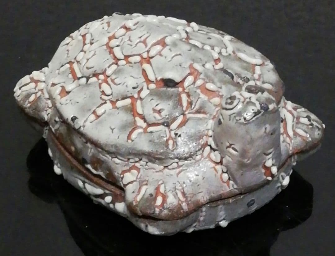 中川自然坊作　唐津焼　亀　香合　共箱　共布　略歴付　茶道具