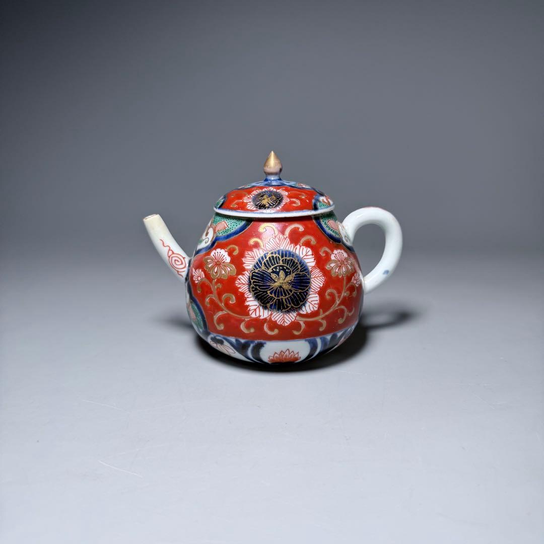 古伊万里　赤絵草花文様急須　アンティーク　ティーポット　桐箱付　江戸後期　大聖寺