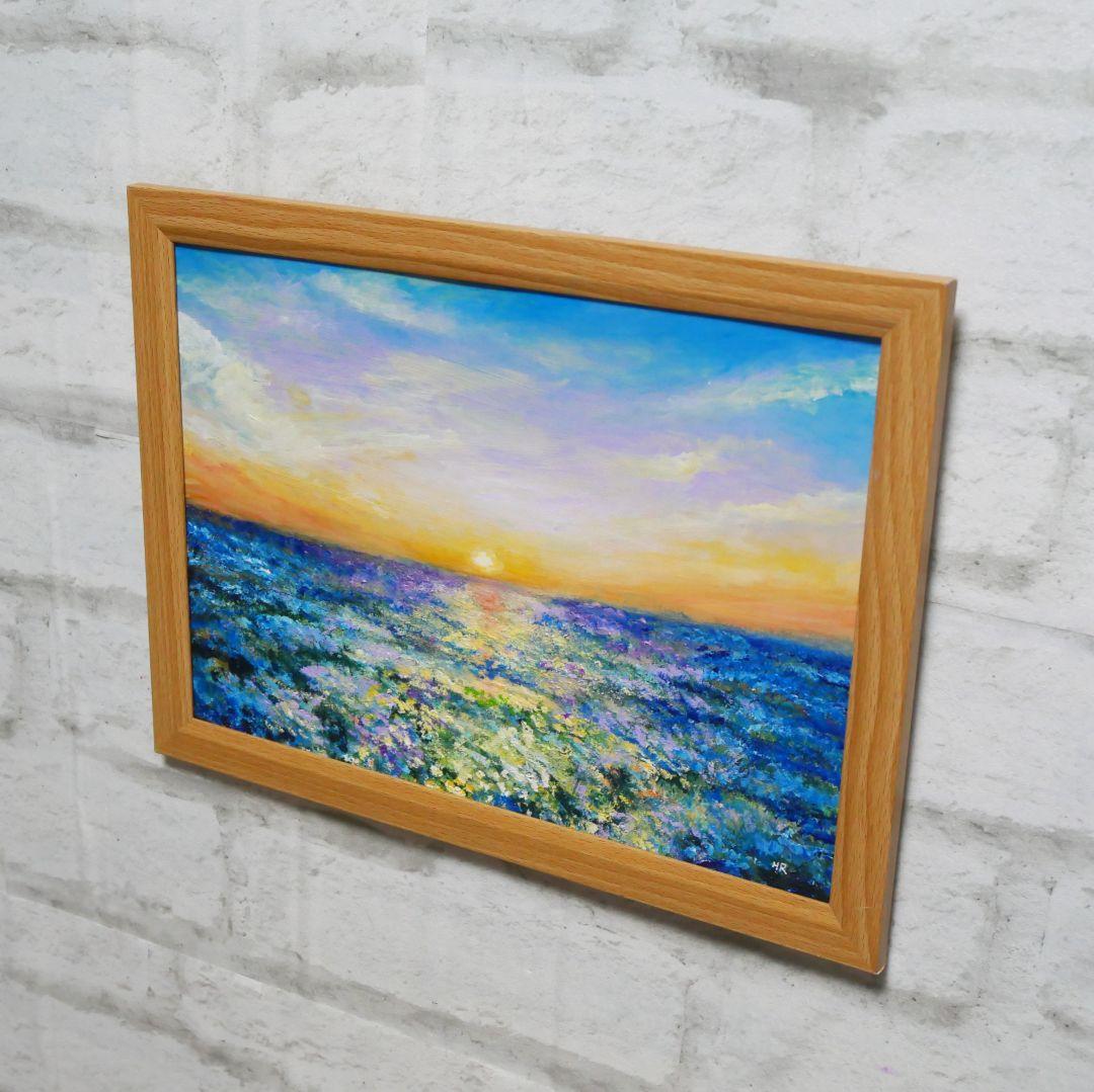 油絵 油彩 油彩画 絵 絵画【夕日に輝くネモフィラ】