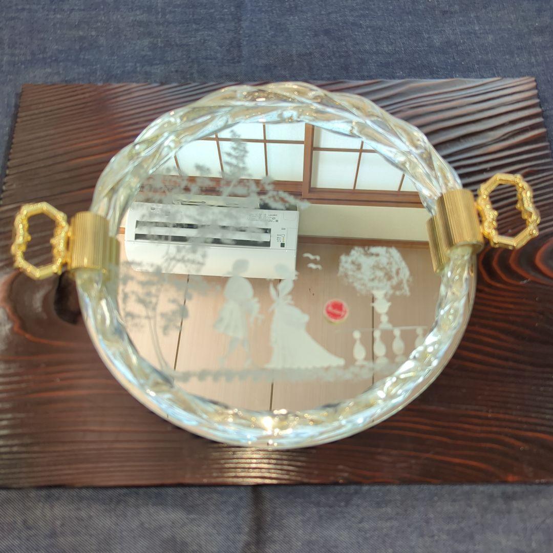 ムラーノ エッチングデザインの円形ミラー トレイ Italy製