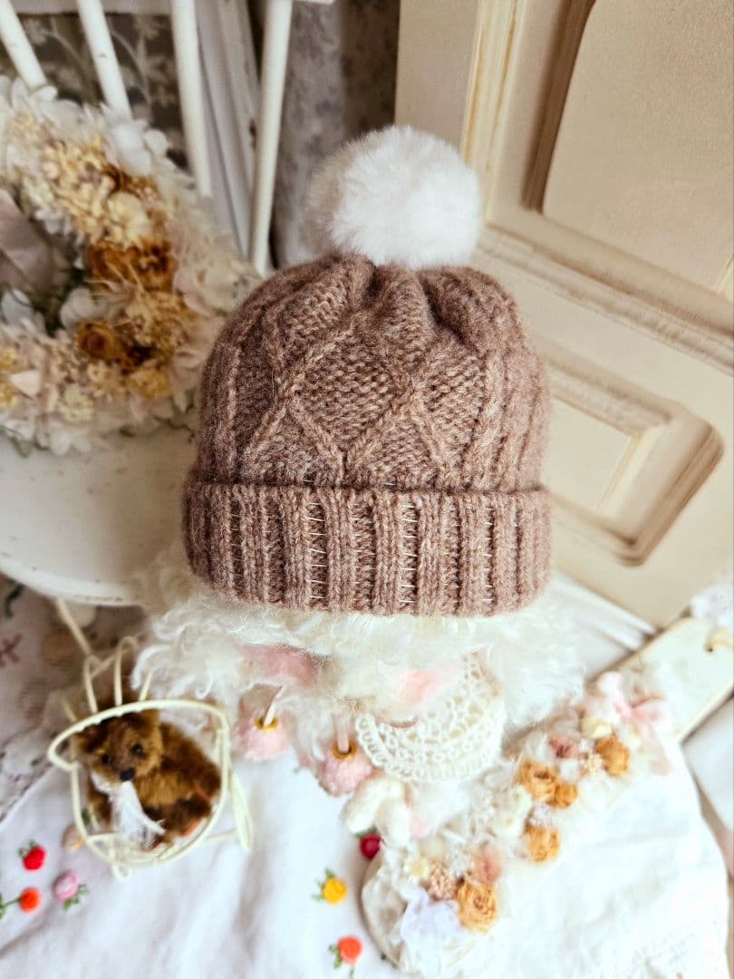 ミルク色のトイプードルちゃん毛糸のお帽子&ストールおめかしstyle テディベア