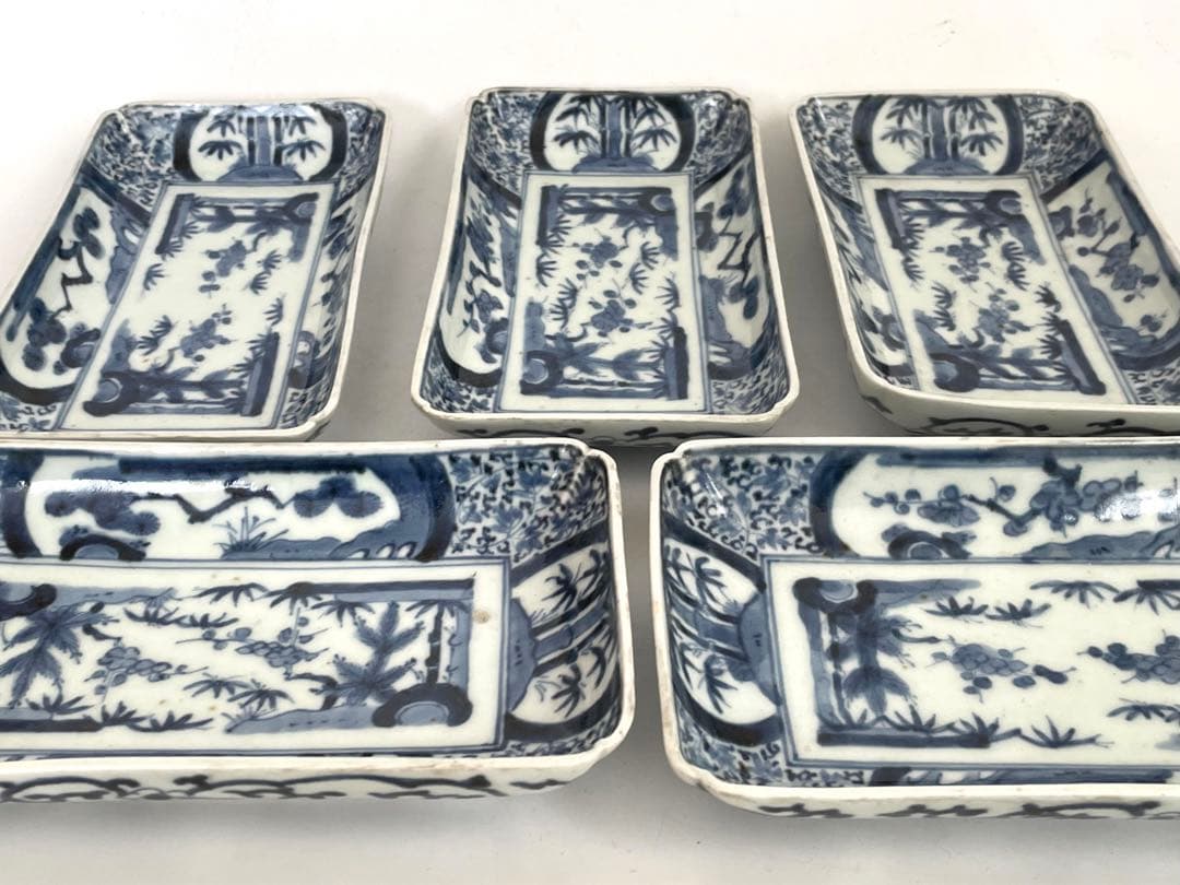 骨董　アンティーク　古伊万里　染付　松竹梅図　長方皿　長皿　鮎皿　向付