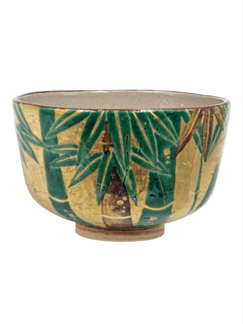 美品 【南口閑粋】『乾山写 金泥 竹 茶碗』底部在印 桐共箱 共布 栞 紙外箱