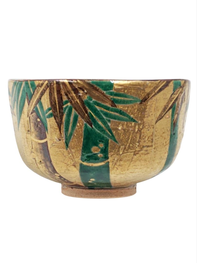 美品 【南口閑粋】『乾山写 金泥 竹 茶碗』底部在印 桐共箱 共布 栞 紙外箱