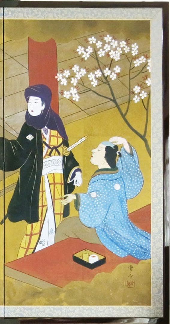 四つ折り屏風　日本画　金箔彩色　花見遊山