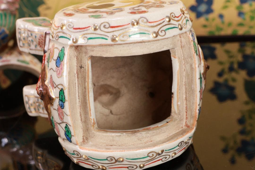 たかリン、仁清銘　京焼染錦　太鼓型　香炉　床飾　置物　野々村仁清　BE88
