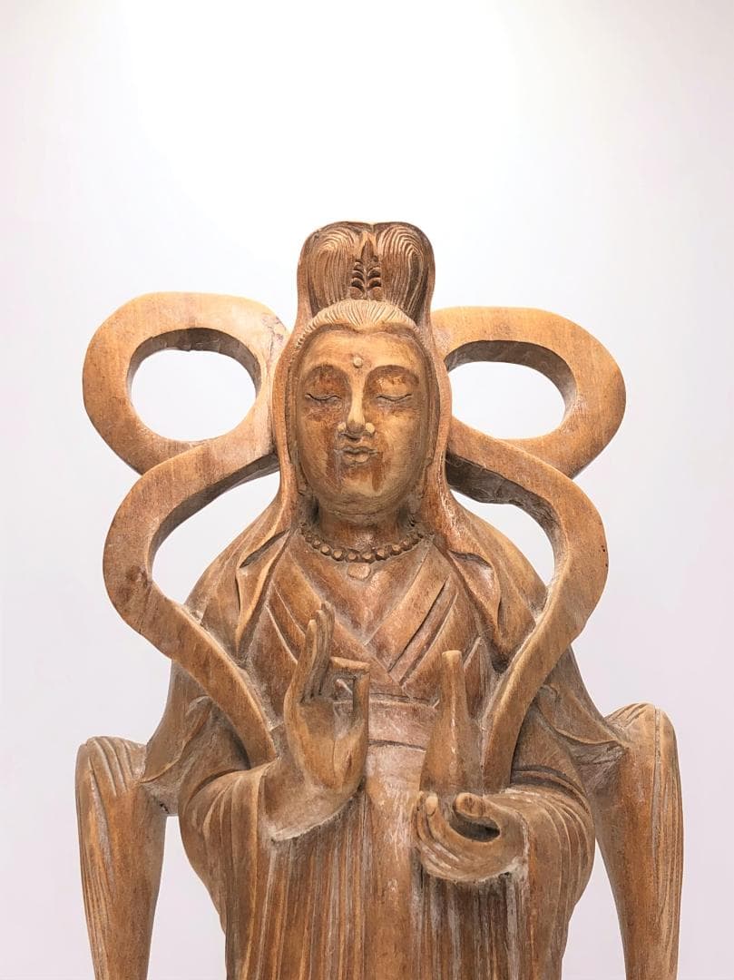 【 木彫羽衣観音 】　柘植36.5ｃｍ　アンティーク