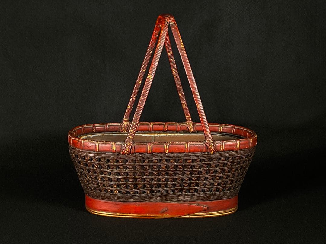 民藝　竹籠　竹編み籠　花籠　花入れ　花器　銅器付き　華道　茶道具