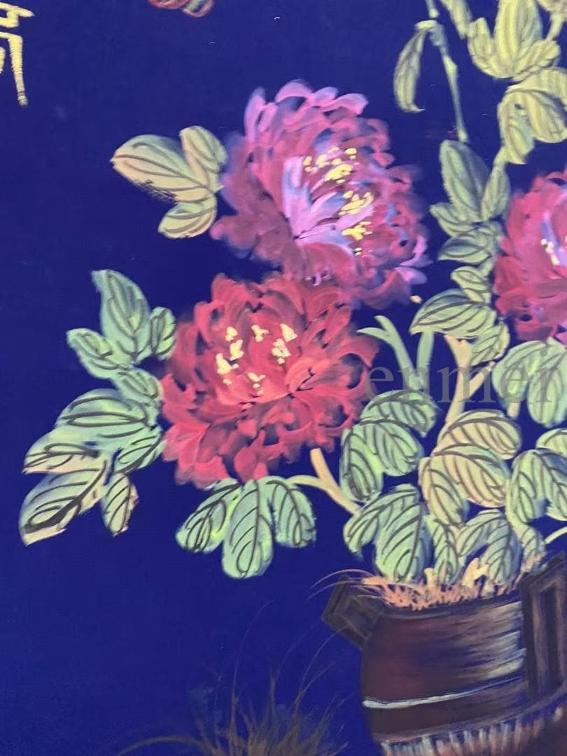 中国古美術・旧藏珍品・齐白石款・花卉画・宣紙・純手描き・掛軸・中堂畫・藍地装飾