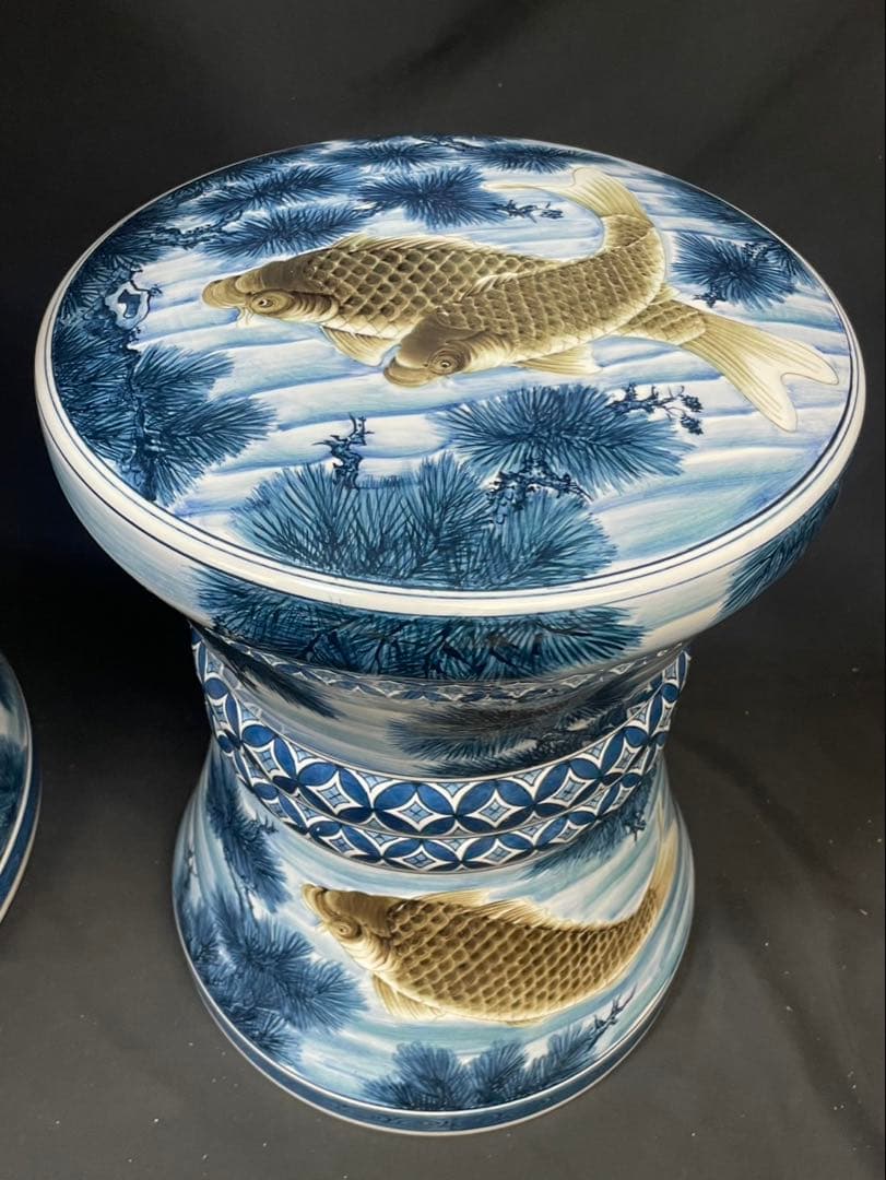 超希少 極上 有田焼 手描き 遊鯉紋 テーブル スツール 椅子 机