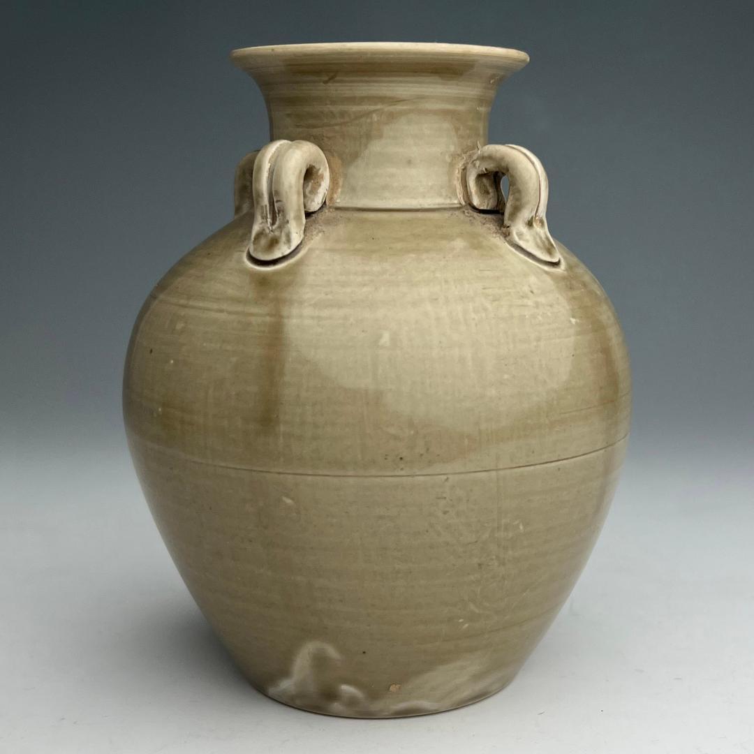 越窯 青磁 青釉四耳壺 中国古玩 中国美術 唐物 擺件 旧家蔵出