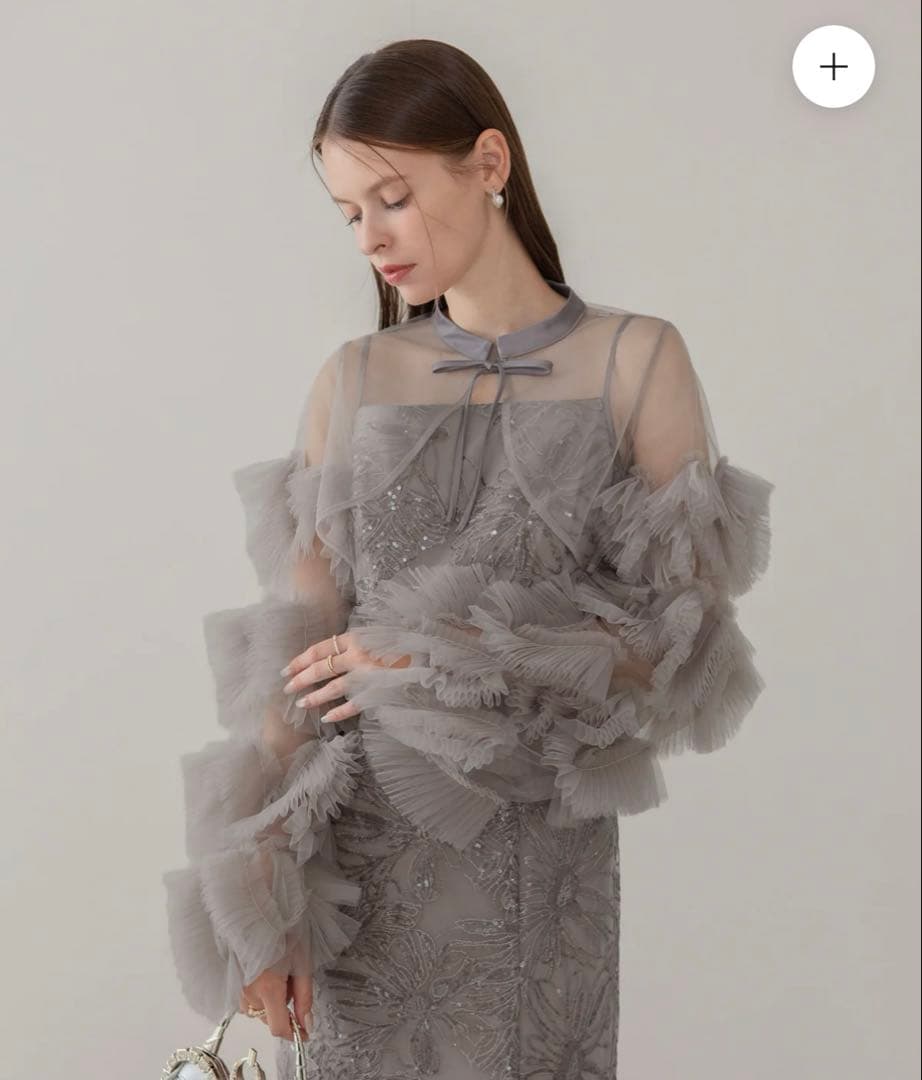 即日発送可能 leja フリルチュールスリーブリボンIラインワンピースドレス