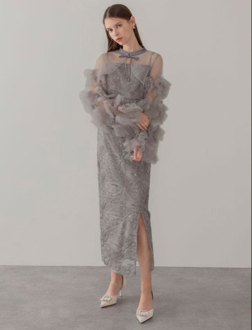 即日発送可能 leja フリルチュールスリーブリボンIラインワンピースドレス