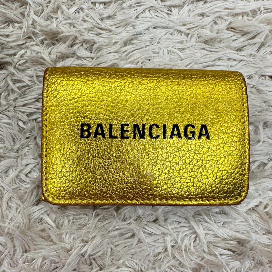 【美品】バレンシアガ 三つ折財布 ゴールド カーフスキン エブリイデイ