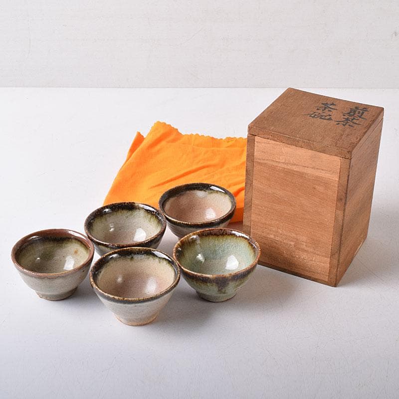 唐津焼　朝鮮唐津　煎茶碗　五客　時代箱　V　R8779