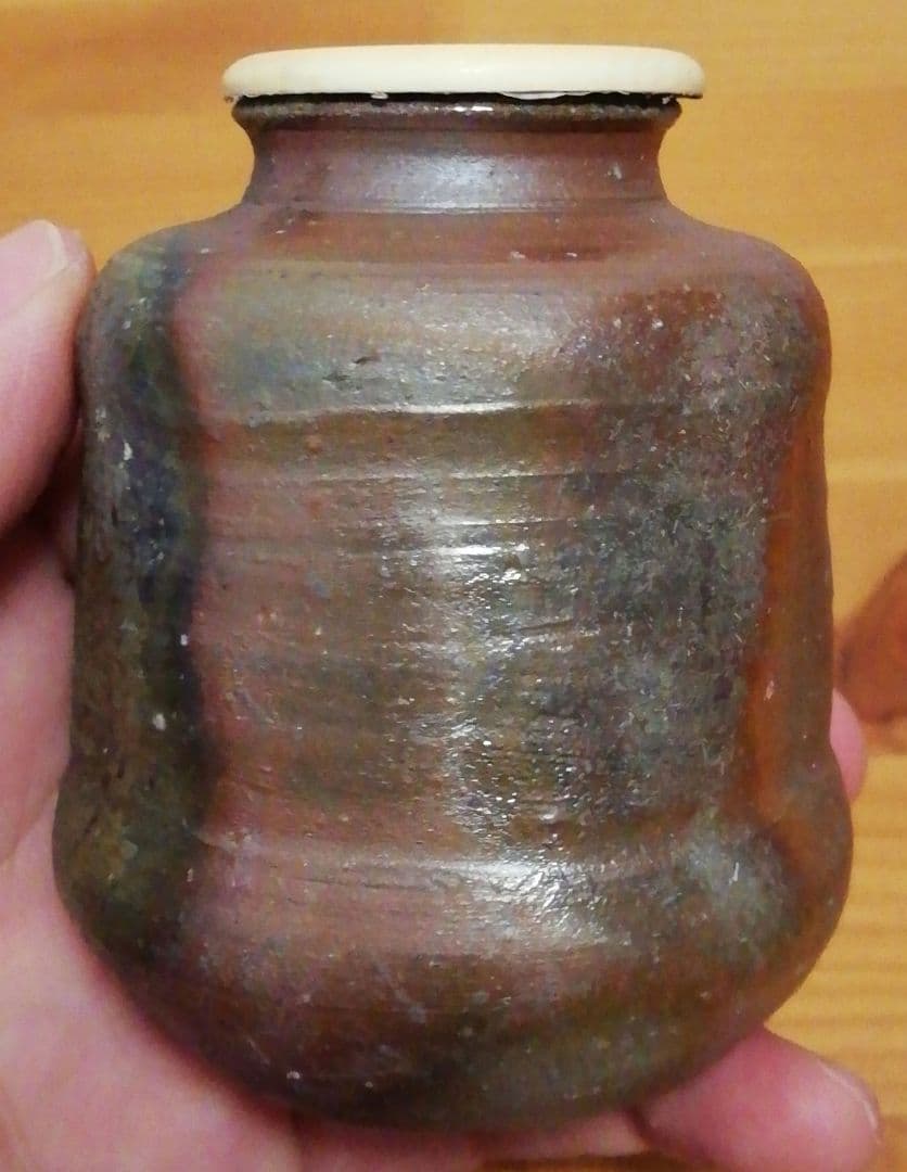 木村一陽作　備前焼　茶入　共箱　仕服付　茶道具