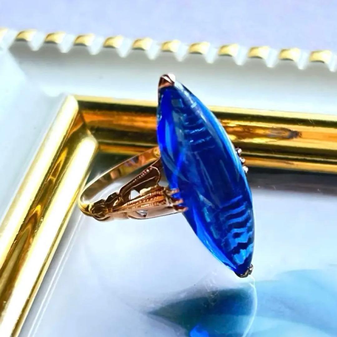 大幅値下げ K18 ゴールド 王冠透かし ブルー カボション リング 指輪