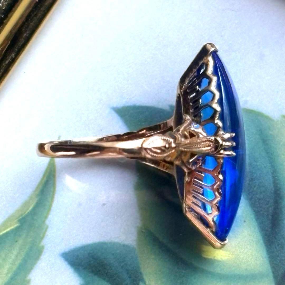 大幅値下げ K18 ゴールド 王冠透かし ブルー カボション リング 指輪