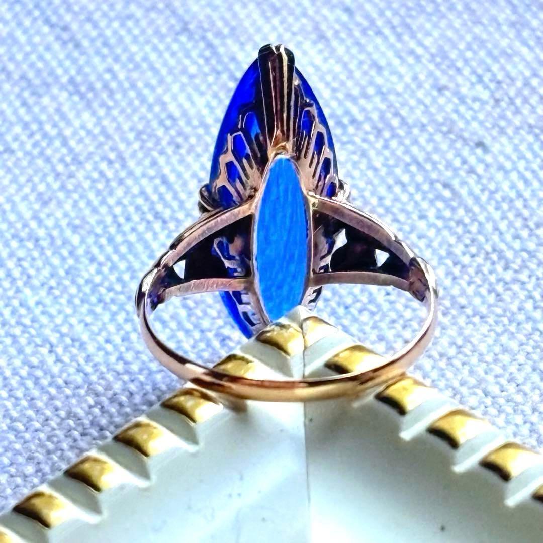 大幅値下げ K18 ゴールド 王冠透かし ブルー カボション リング 指輪