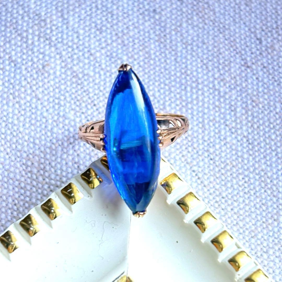 大幅値下げ K18 ゴールド 王冠透かし ブルー カボション リング 指輪