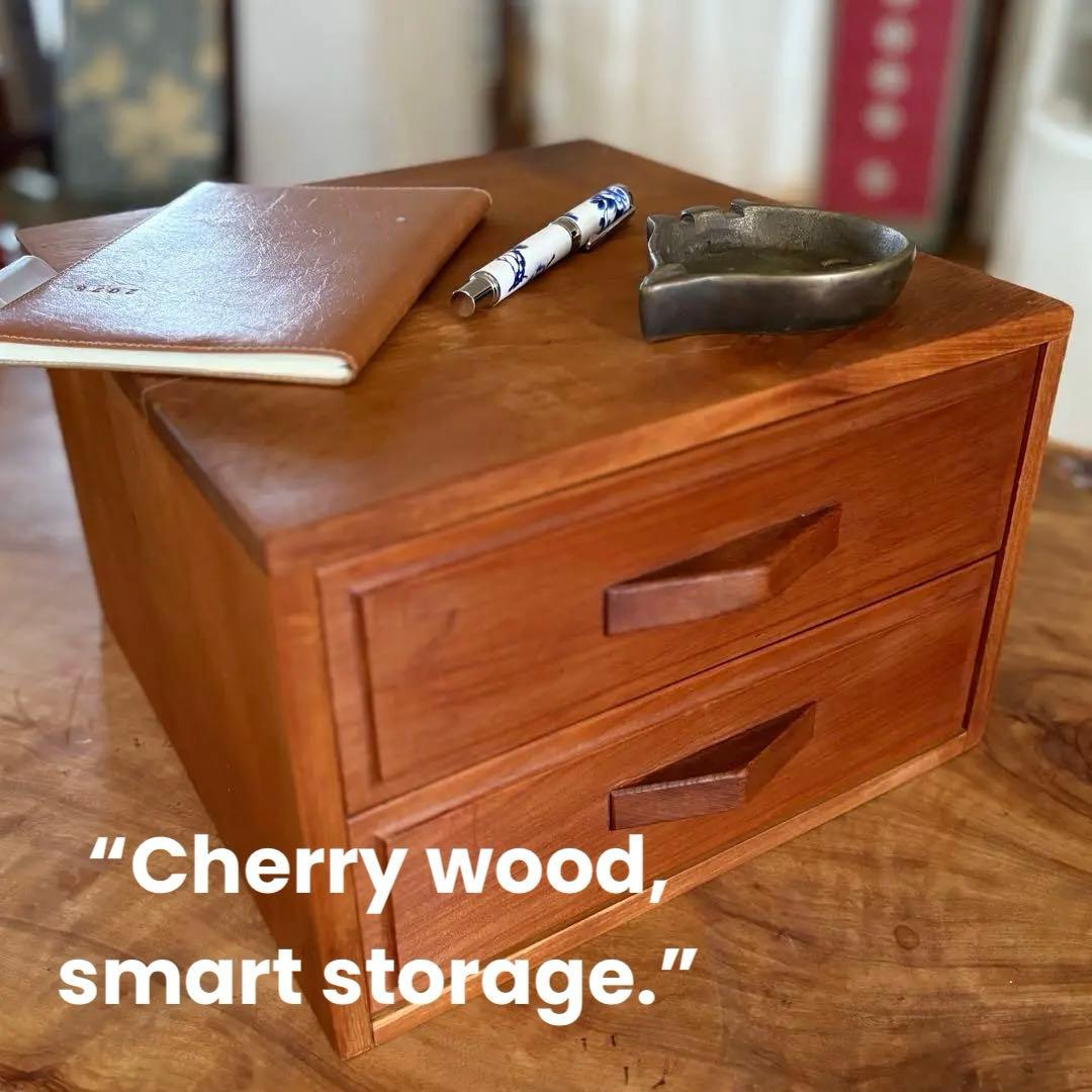 無垢材 ヴィンテージ小引き出し 2段／昭和レトロ／チェリー材／職人手仕事