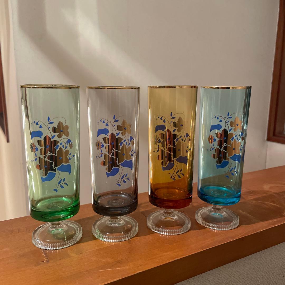 超希少　レア　昭和レトロ　アデリア　花柄　脚付きグラス　４セット