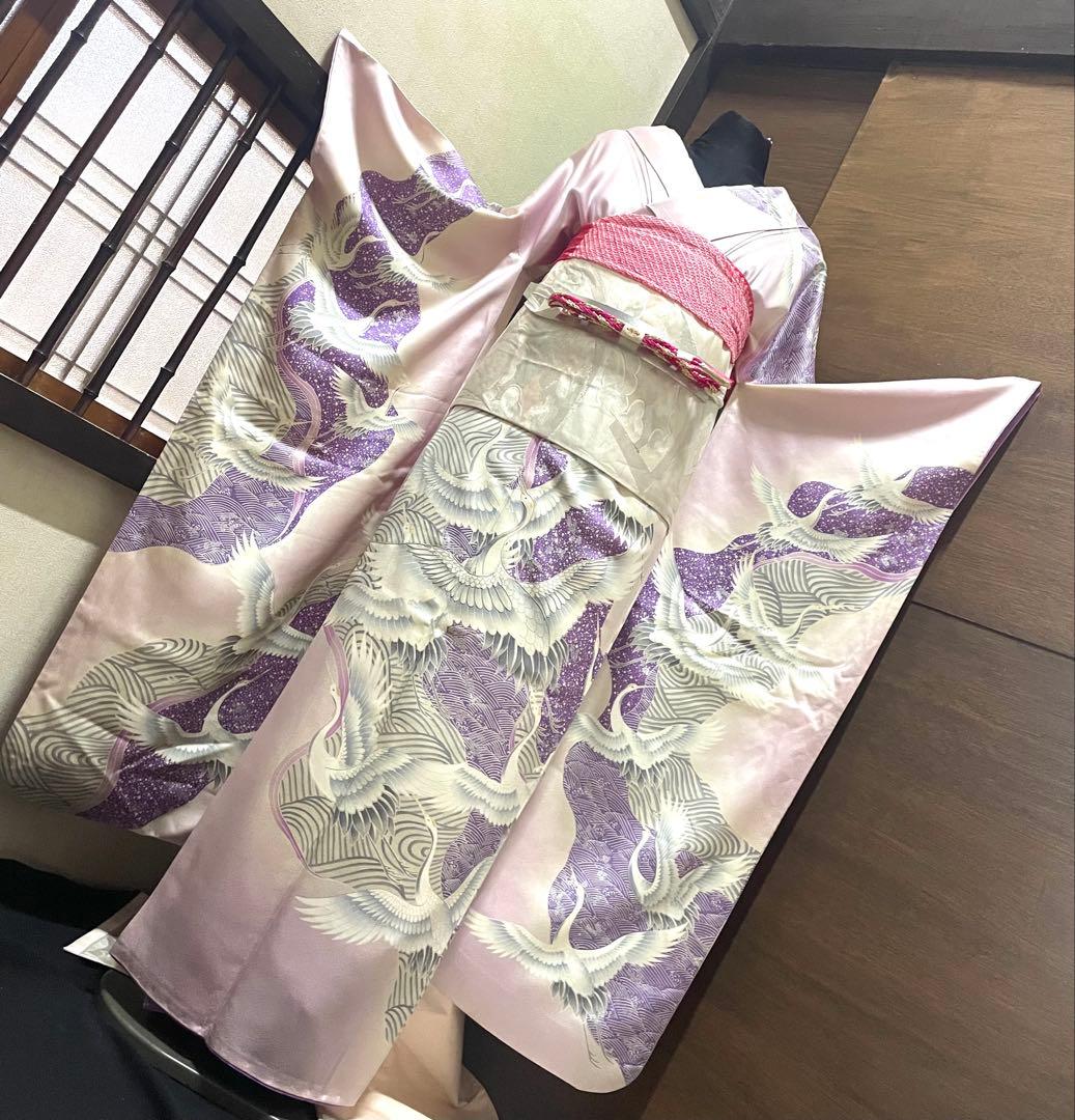 振袖フルセット6点サイズM〜Ｌ駒刺繍　飛鶴文　銀彩　正絹