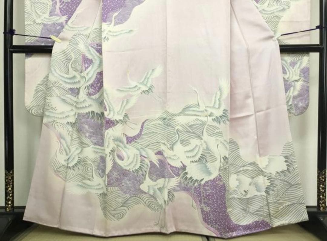 振袖フルセット6点サイズM〜Ｌ駒刺繍　飛鶴文　銀彩　正絹